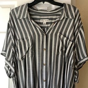 Gray and white striped dress with pockets; 3X